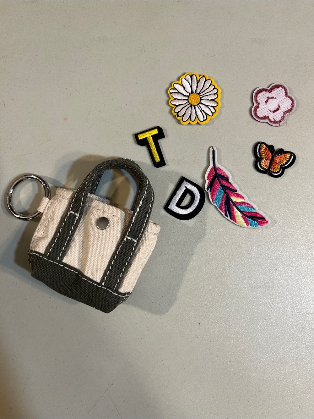 Canvas Mini Tote Keychain for Kids — Cream and Dark Green